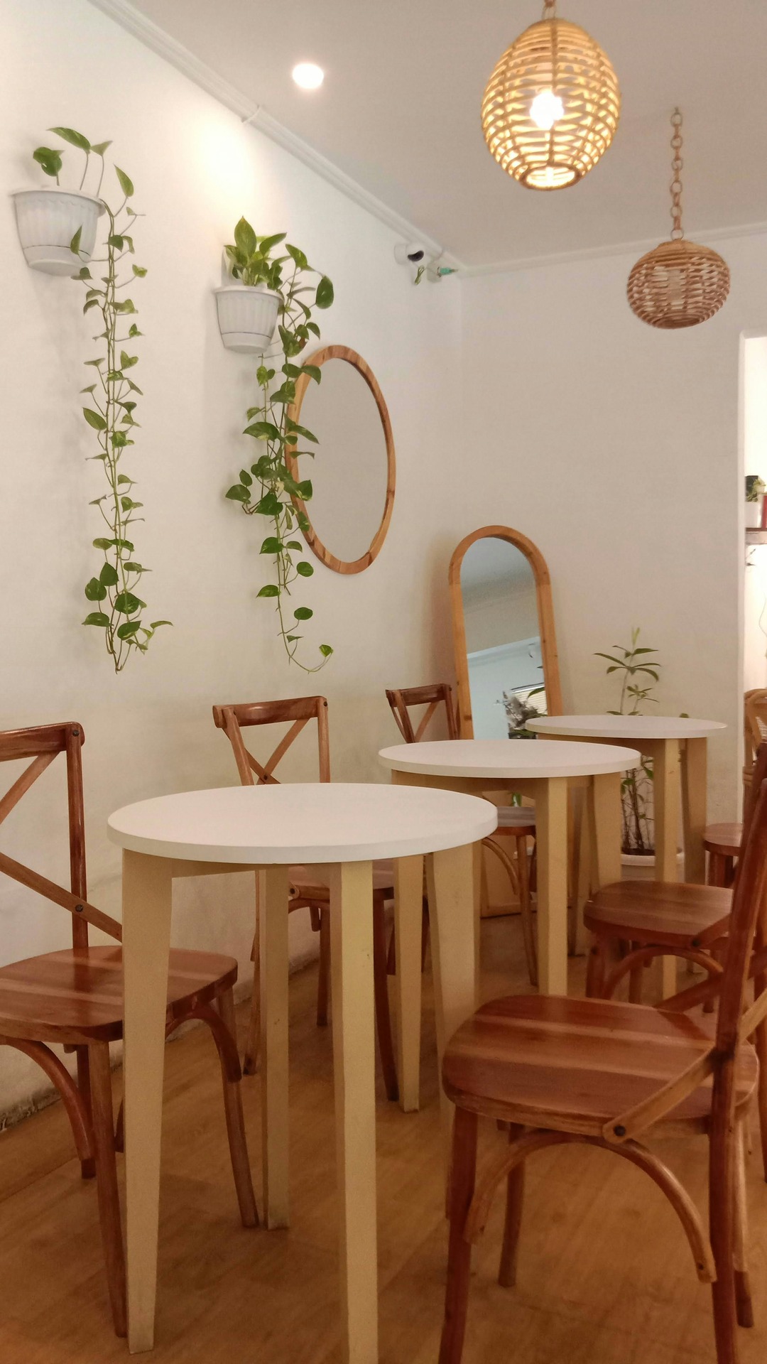 Bright dining area with natural wood and greenery